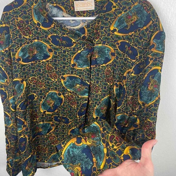 Vintage Pendleton Blue Gold Chain Link Horses 100% Rayon Size 16 Blouse - Picture 6 of 7